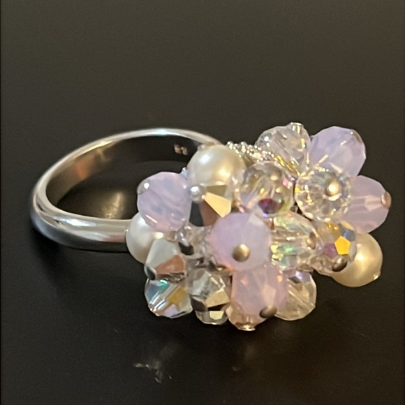 Vintage Swarovski Aura Borealis Crystal & Pearl Beaded Bow Ring - Picture 9 of 16
